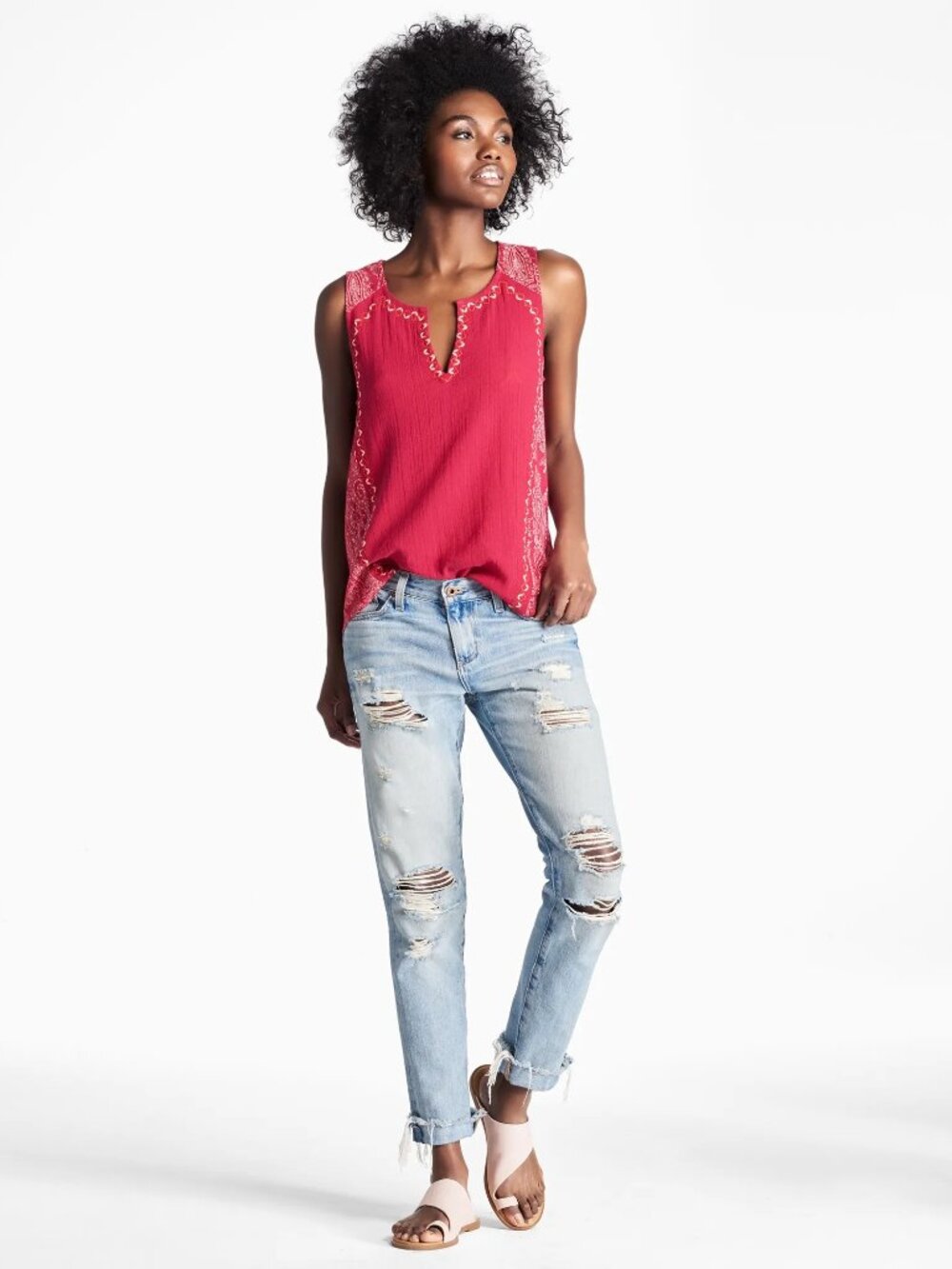 2/$30 Lucky Brand Embroidered Woven Mix Tank Top Red Multi Medium #A4435